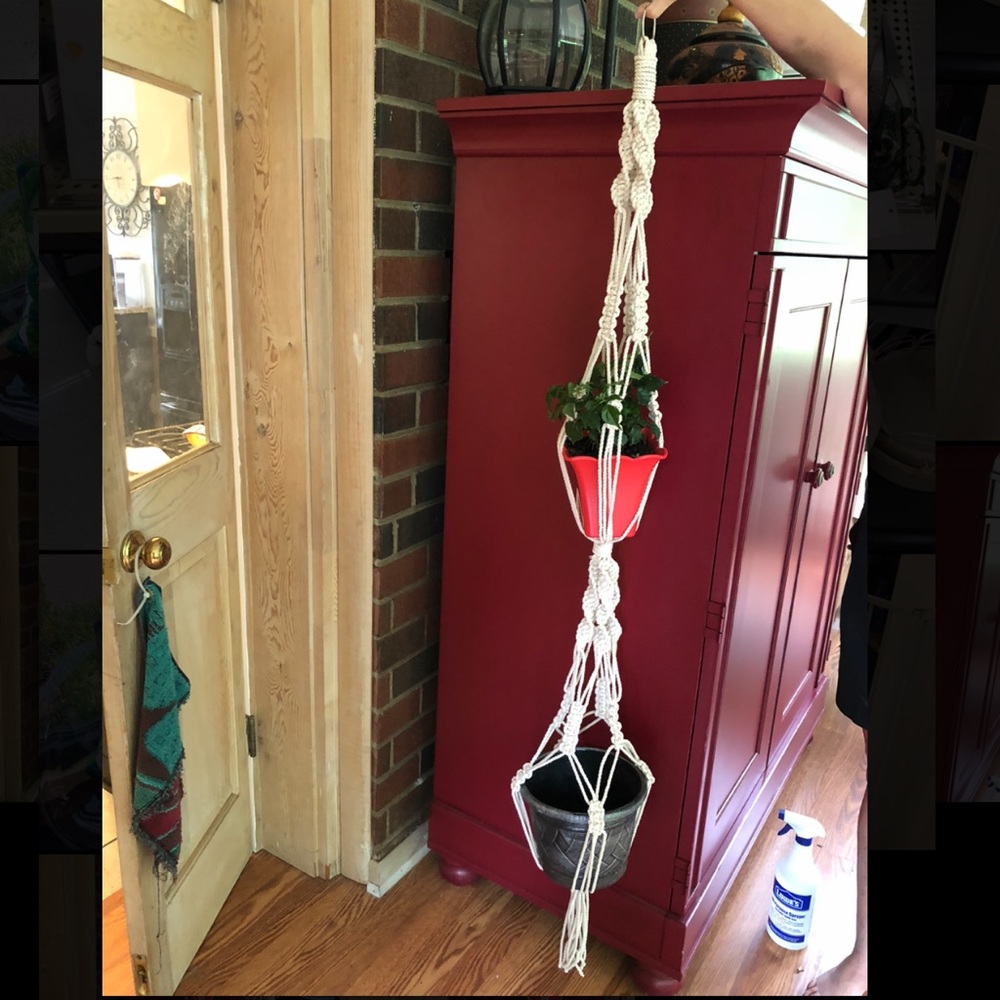 Two-tiered handmade macrame plant hanger